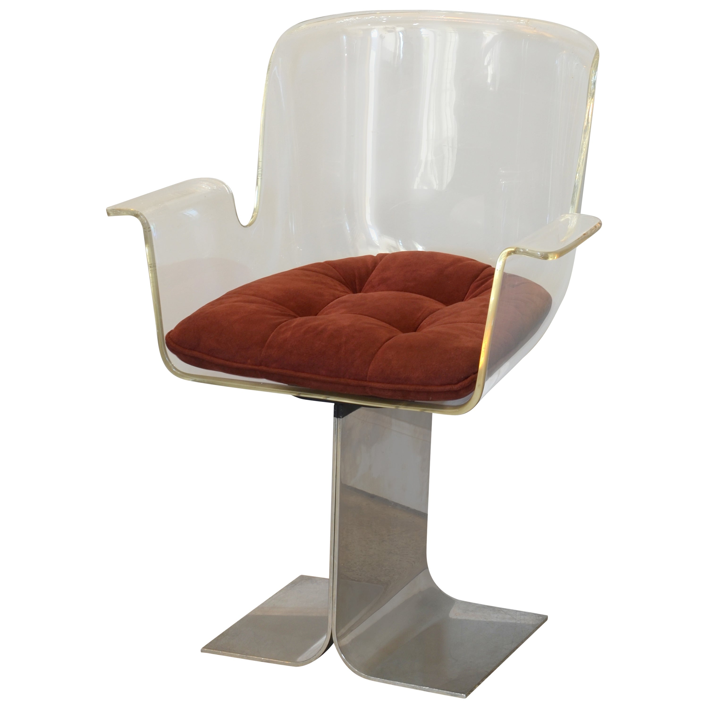 Swiveling Lucite and Polished Aluminum Armchair by Irving Rosen for Pace