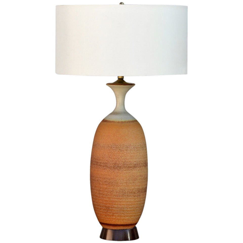 Tall ribbed ceramic table lamp by Bob Kinzie