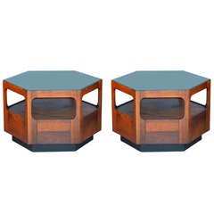 Pair of 70's Hexagonal Coffee / Side Tables with Smoked Glass Tops