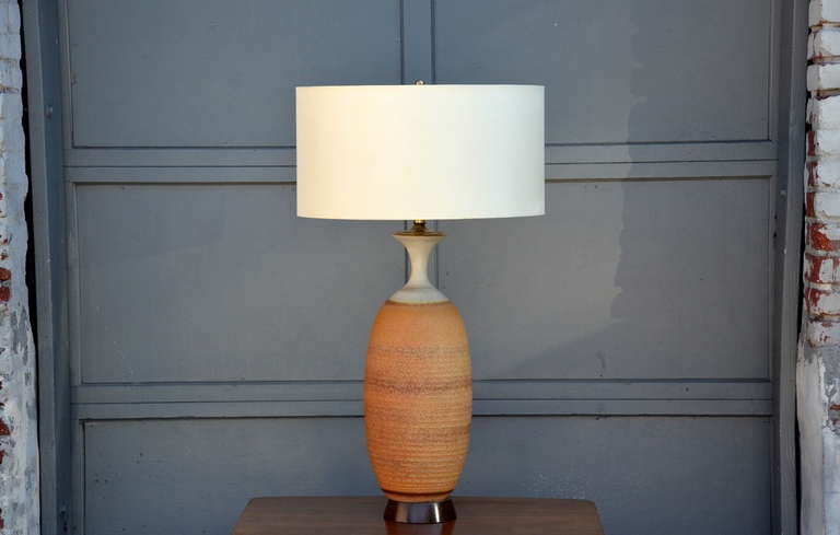 American Tall ribbed ceramic table lamp by Bob Kinzie