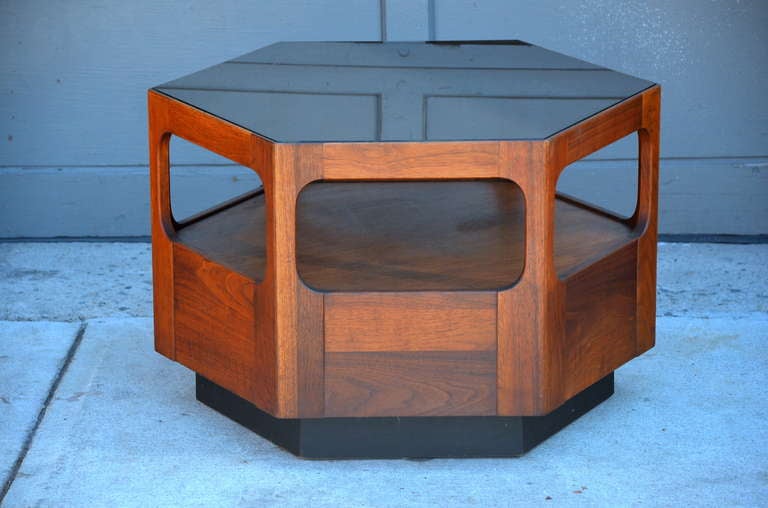 Pair of 70's Hexagonal Coffee / Side Tables with Smoked Glass Tops