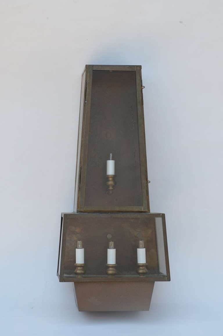 Pair of large brutalist patinated bronze sconces or wall lanterns. Good for indoor or outdoor use.