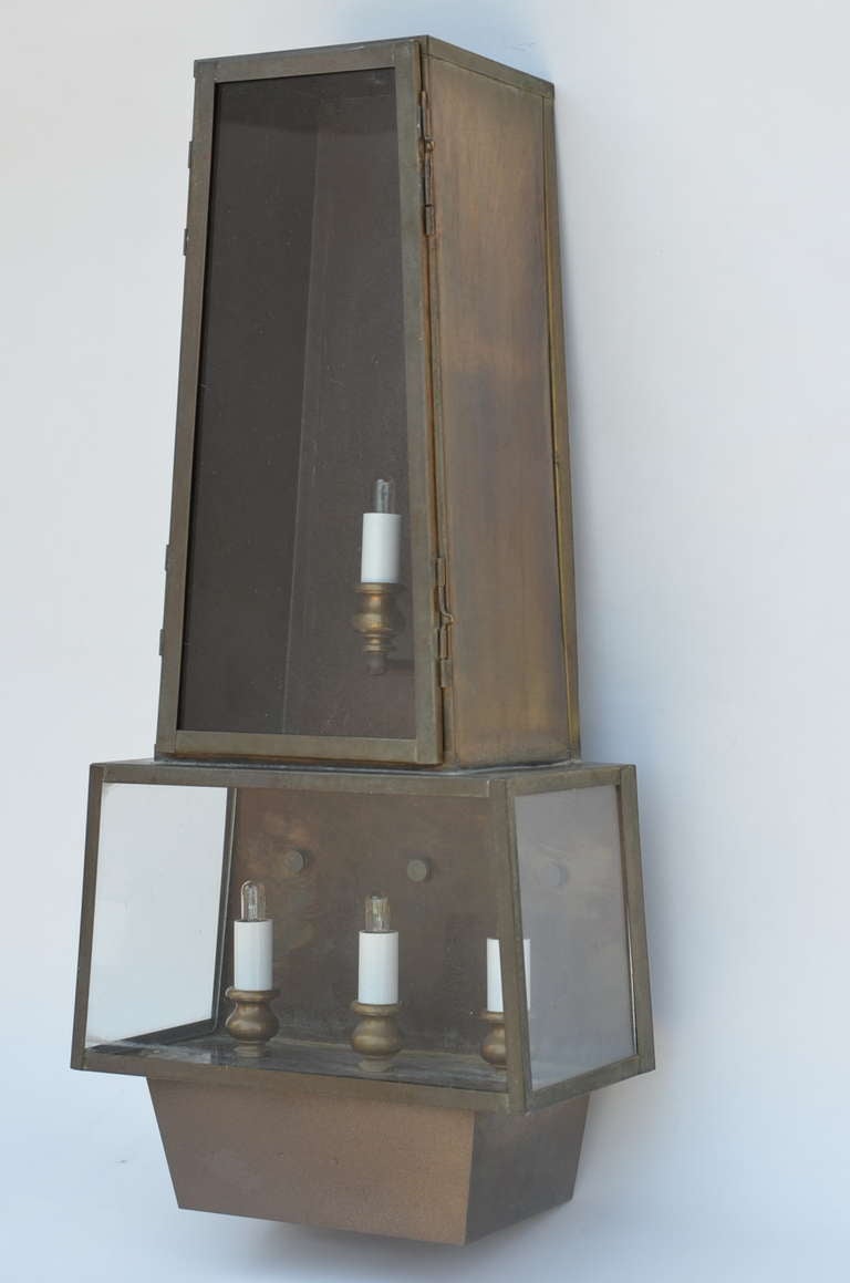 Pair of Large Brutalist Patinated, Bronze Sconces or Wall Lanterns In Good Condition In Los Angeles, CA