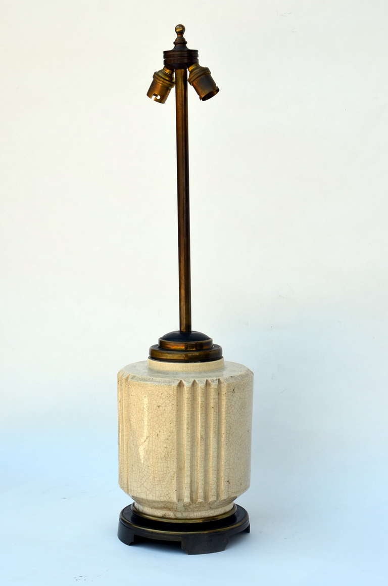 Chic Art Deco Crackled Cream Ceramic Lamp by Robert T. Lallemant In Excellent Condition In Los Angeles, CA