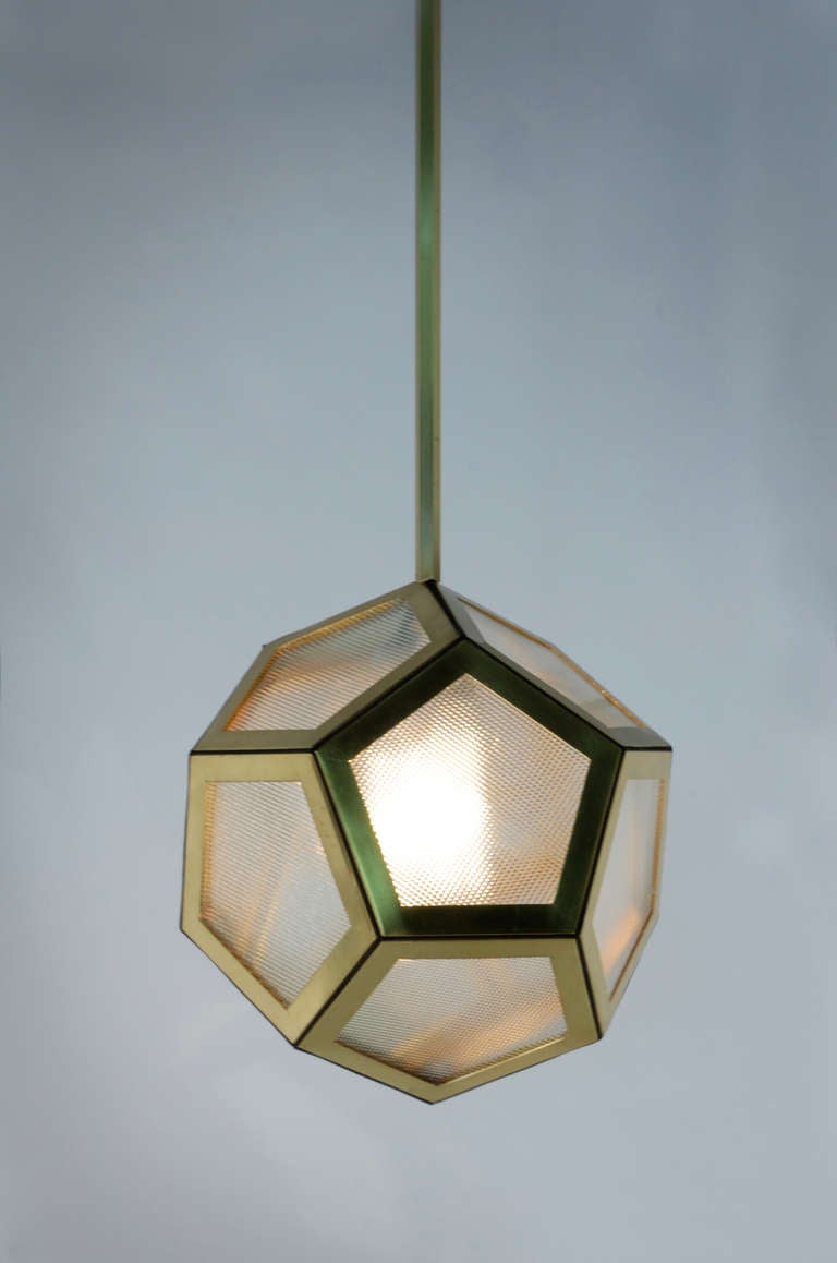 Brass Black Leather and Industrial Glass Hanging Pentagon Lantern In Good Condition For Sale In Los Angeles, CA