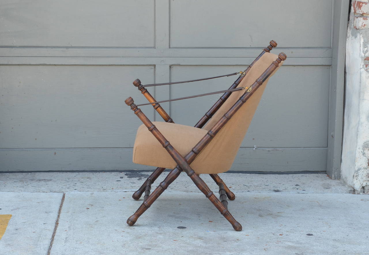 French Pair of Turned Wood, Linen and Leather Campaign Chairs by Maison Jansen