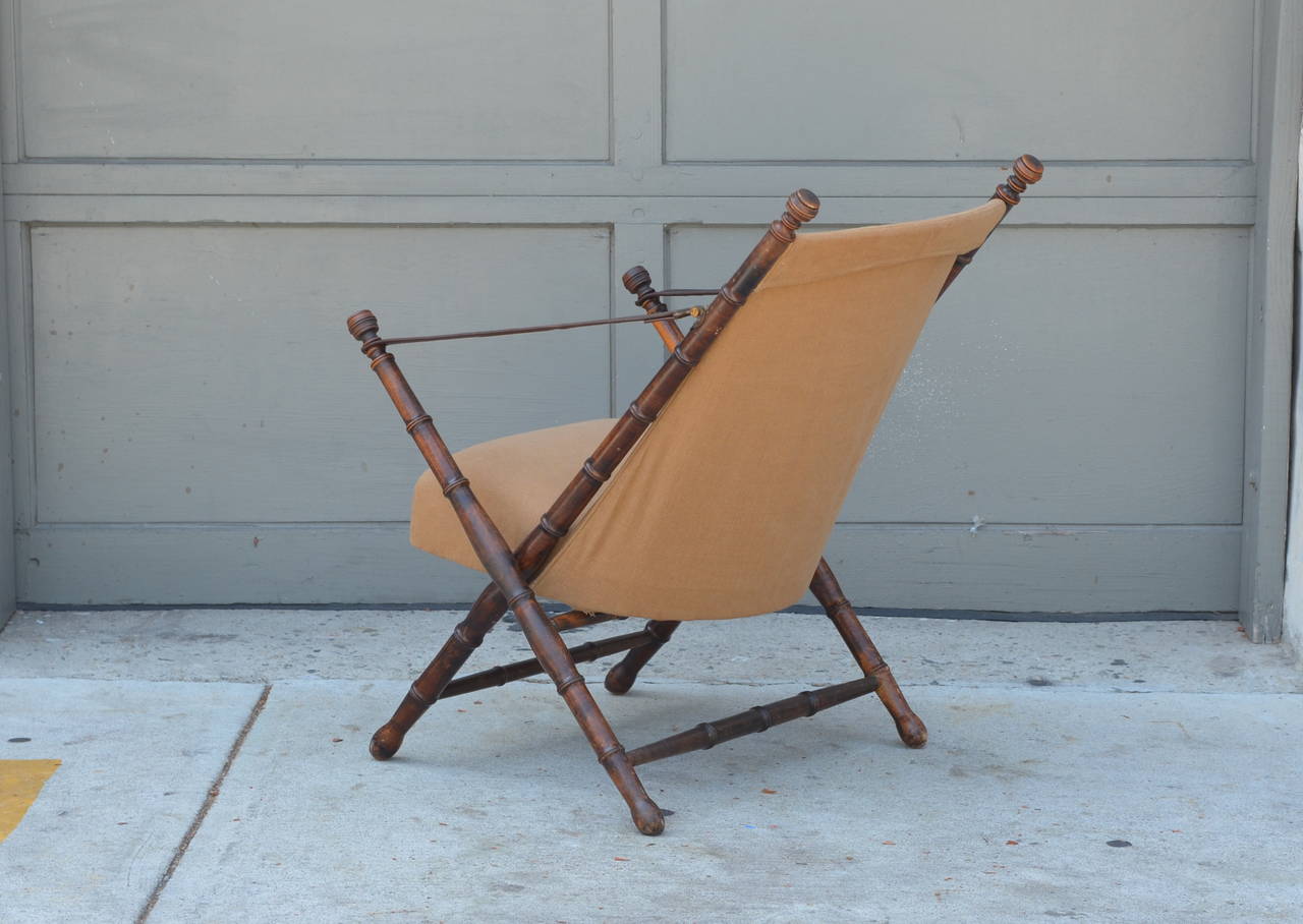 Pair of Turned Wood, Linen and Leather Campaign Chairs by Maison Jansen In Good Condition In Los Angeles, CA