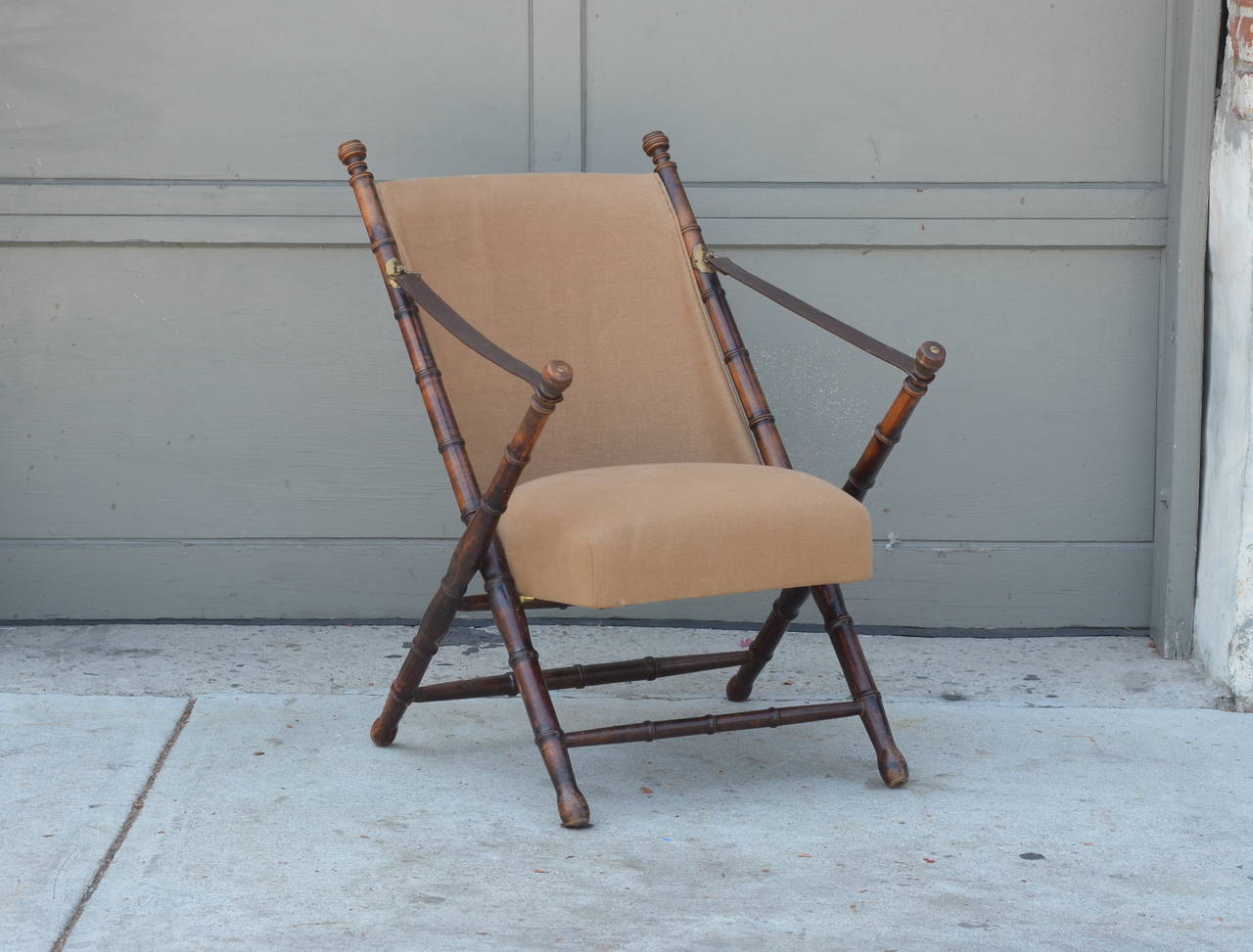Neoclassical Revival Pair of Turned Wood, Linen and Leather Campaign Chairs by Maison Jansen
