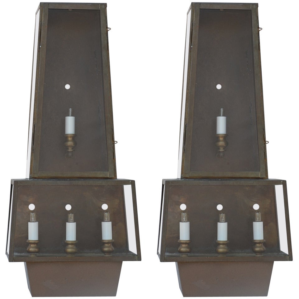 Pair of Large Brutalist Patinated, Bronze Sconces or Wall Lanterns