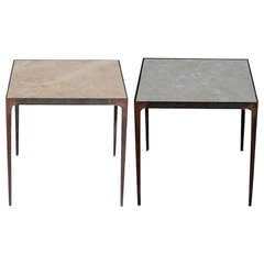 Pair of Raw Wrought Iron and Polished Travertine Slender Side Tables