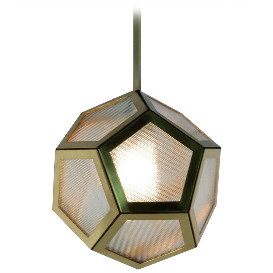 Brass Black Leather and Industrial Glass Hanging Pentagon Lantern For Sale
