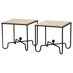 Pair of Wrought Iron and Travertine Side Tables in the style of Mathieu Matégot