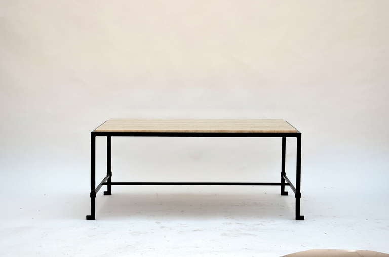 French 'Diagramme' Travertine and Wrought Iron Coffee Table by Design Frères For Sale