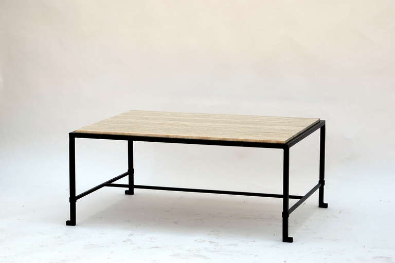 Chic blackened wrought iron and polished raw travertine French 40's style coffee table. Great proportions but custom sizes available as well.