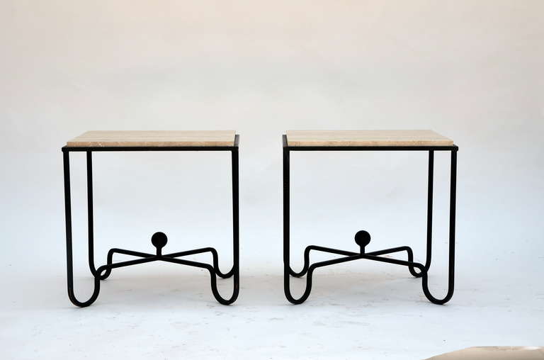 French Pair of Wrought Iron and Travertine Side Tables in the style of Mathieu Matégot