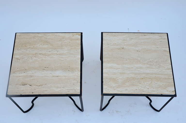 Pair of Wrought Iron and Travertine Side Tables in the style of Mathieu Matégot In Excellent Condition In Los Angeles, CA
