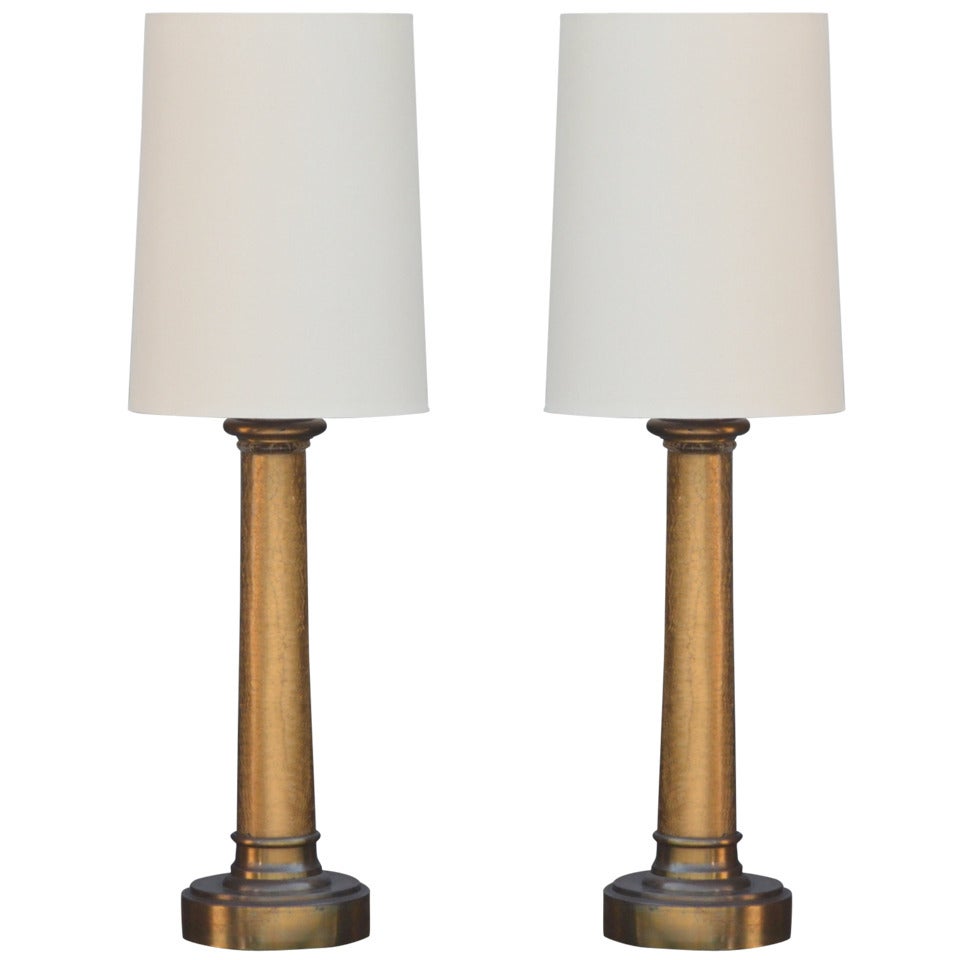 Pair of Chic Crackled Glass Column Lamps by Paul Hanson