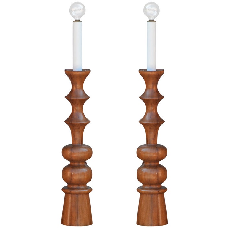 Pair of Elegant Turned Wood Candlestick Mantel Lights For Sale at
