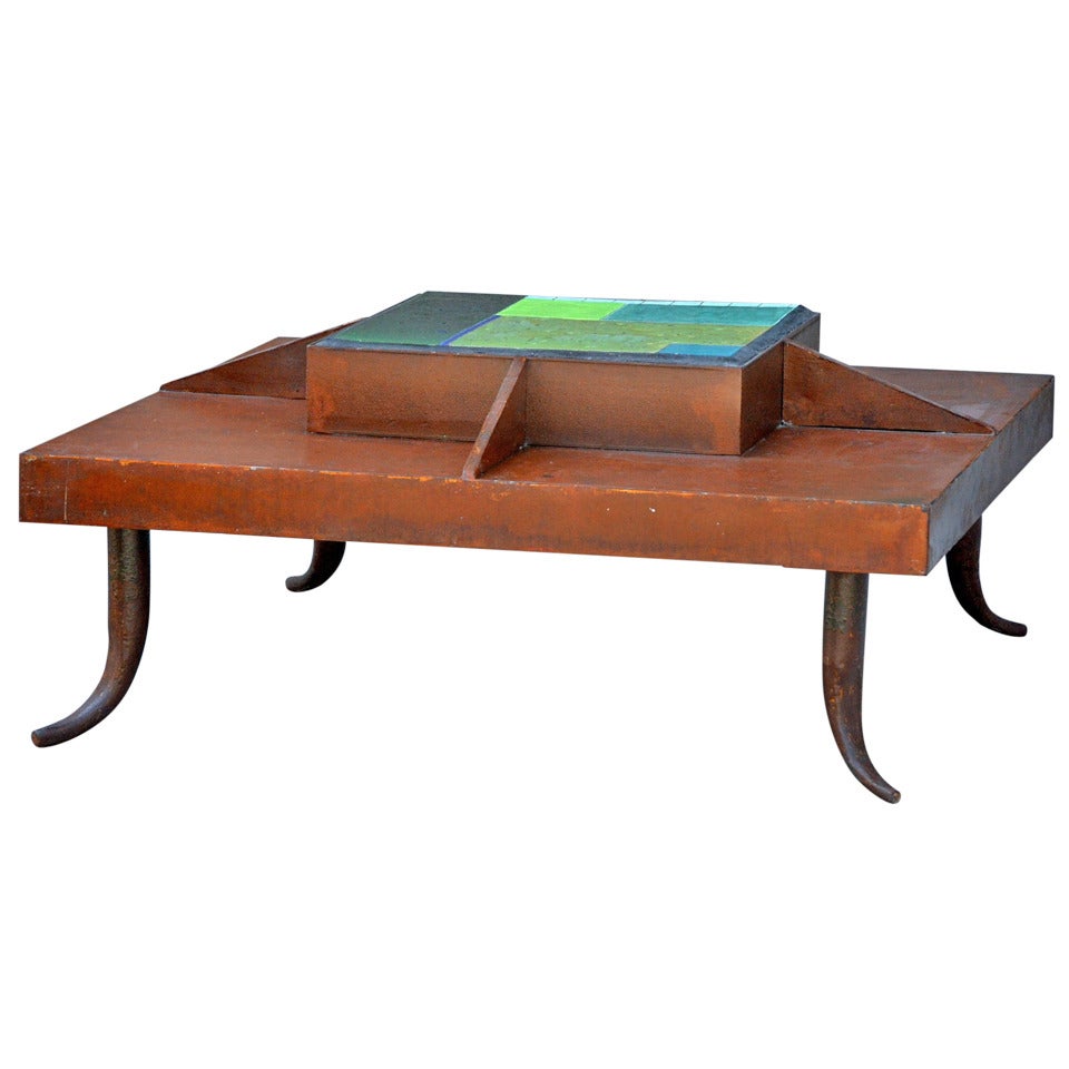 One-of-a-Kind Patinated Steel and Tile Studio Art Coffee Table For Sale