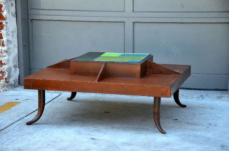 One-of-a-kind patinated steel and tile studio art coffee table. Unique piece. Great design.