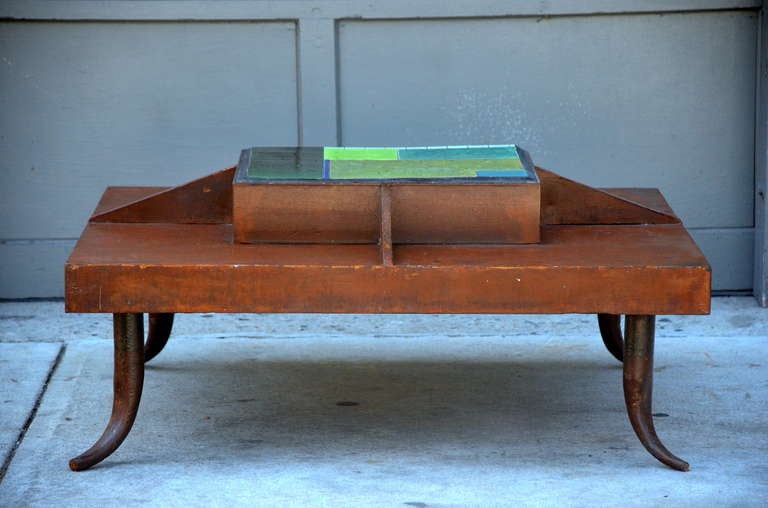 One-of-a-Kind Patinated Steel and Tile Studio Art Coffee Table In Good Condition For Sale In Los Angeles, CA