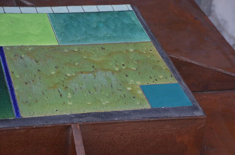 One-of-a-Kind Patinated Steel and Tile Studio Art Coffee Table For Sale 2
