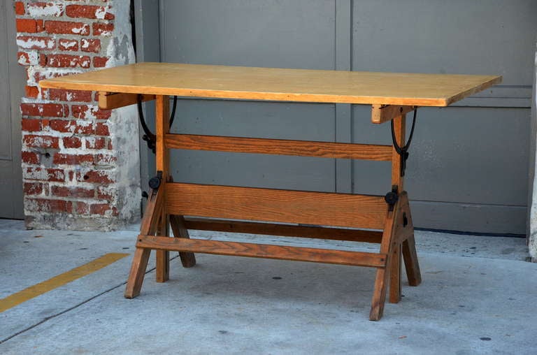 Industrial Vintage Articulated Oak and Maple Drafting Table by Hamilton