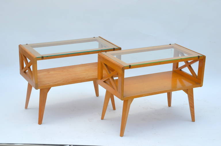 Pair of Chic Oak Nightstands in the style of Jean Royere. Can also be used as side tables.