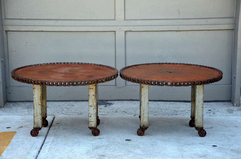 Pair of Unique Weathered Industrial Side Tables / Coffee Table In Good Condition In Los Angeles, CA