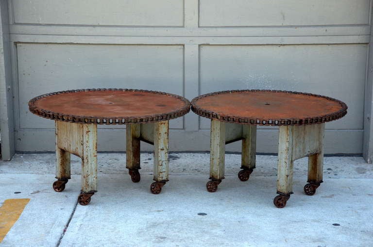 20th Century Pair of Unique Weathered Industrial Side Tables / Coffee Table