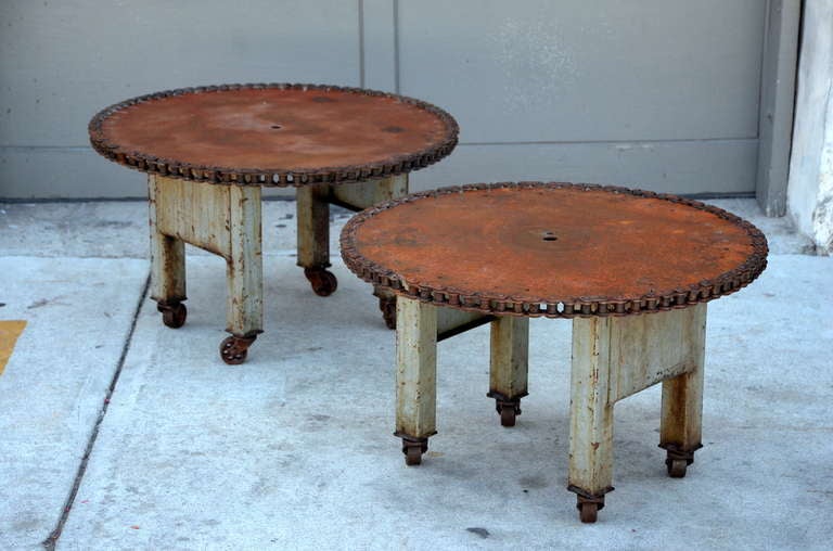 Pair of Unique Weathered Industrial Side Tables. Both on rollers. Great as a coffee table or as a pair of side tables