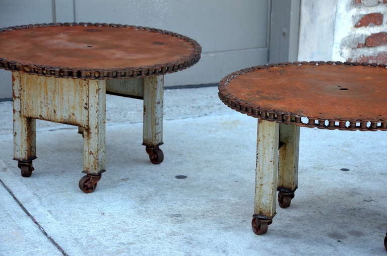 Steel Pair of Unique Weathered Industrial Side Tables / Coffee Table
