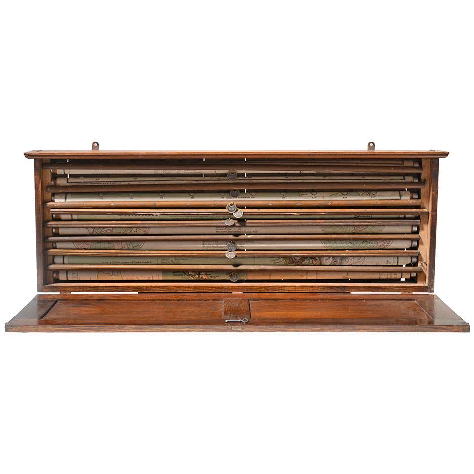 Rare Antique Classroom Pull Down Map Cabinet In Oak Case at 1stDibs ...