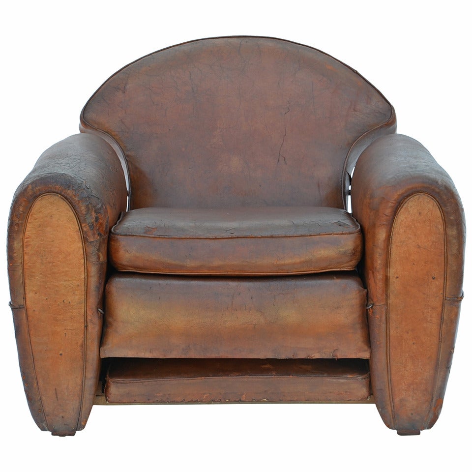 Exceptional Aged Leather French Art Deco Adjustable Club Chair For Sale