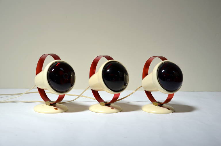 Set of three Infrared lamps or wall sconces by Philips.

These lamps were chosen by Charlotte Perriand for the 1949 exhibition `Formes Utiles, objets de notre temps' at the Musee des Arts Decoratifs in Paris and used frequently by her and Le