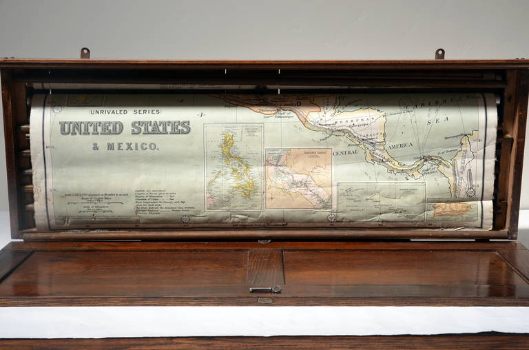 Rare Antique Classroom Pull Down Map Cabinet In Oak Case In Good Condition In Los Angeles, CA