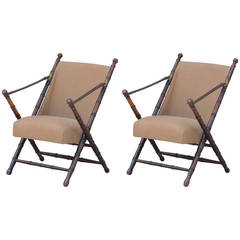 Pair of Turned Wood, Linen and Leather Campaign Chairs by Maison Jansen
