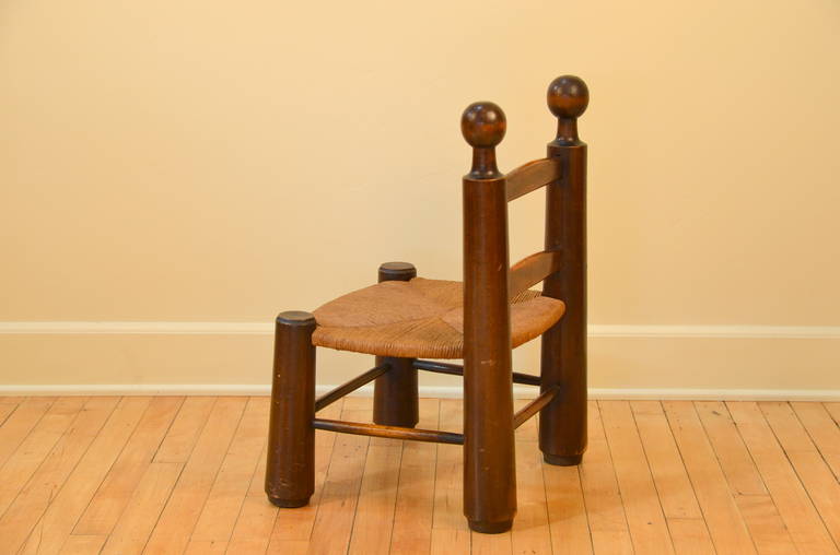 Cord Single Turned Wood and Rush Children's Chair in the Style of Charlotte Perriand