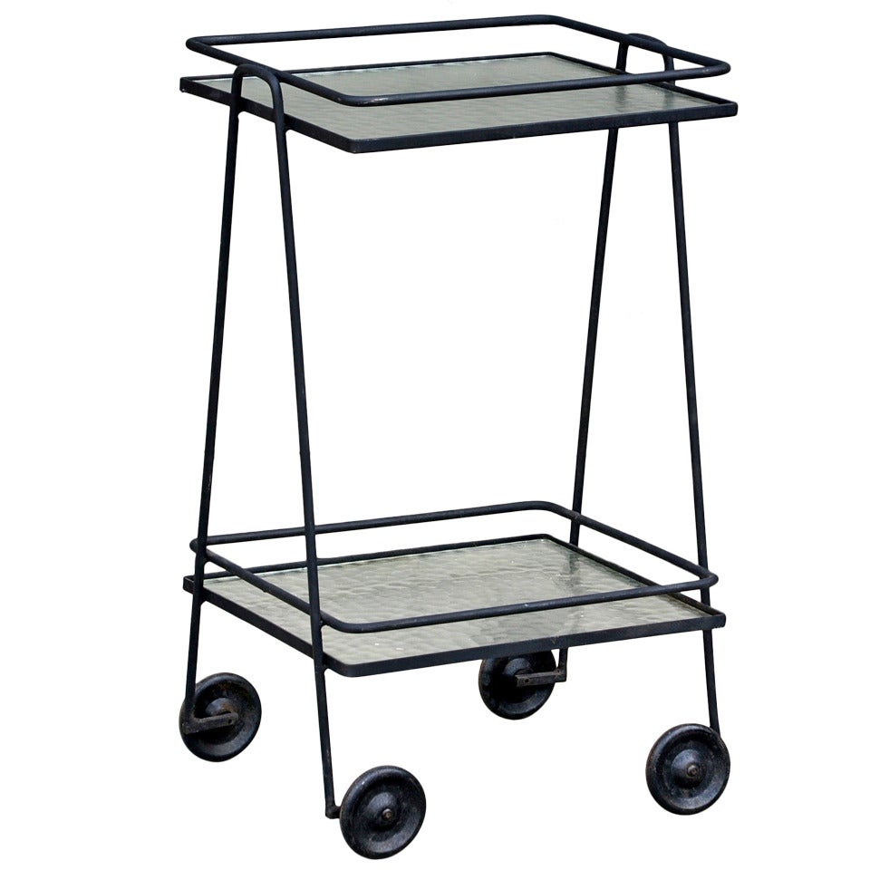 Blackened Steel And Textured Glass Rolling Bar Cart / Side Table