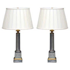 Pair Of Exceptional French 19th Century Column Lamps With Pleated Shades