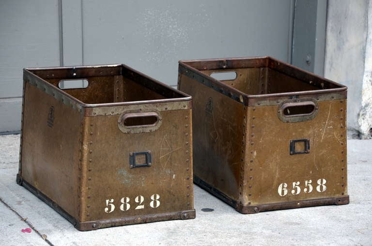 Industrial Pair Of Robust French Military Stacking Storage Boxes / Trunks