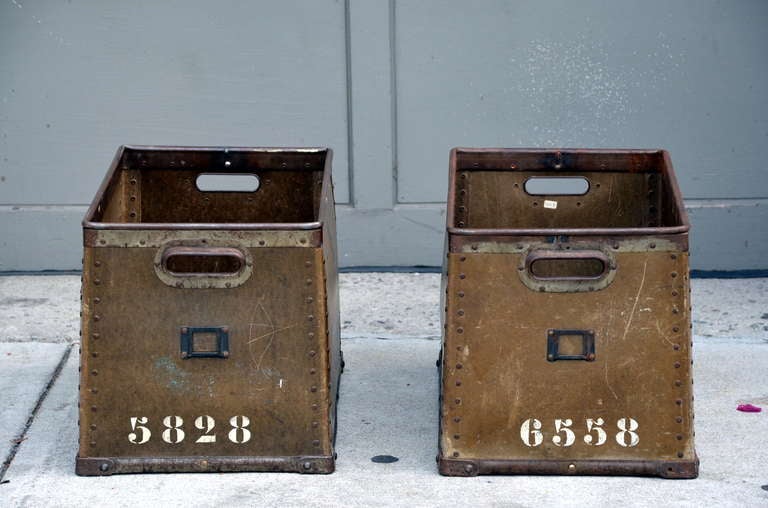 Pair of robust French military stacking storage boxes / trunks. Stamped Suroy.

Suroy was founded in 1902 in the North of France and made storage boxes for industrial customers and the French military. 

These boxes clip onto each other and are