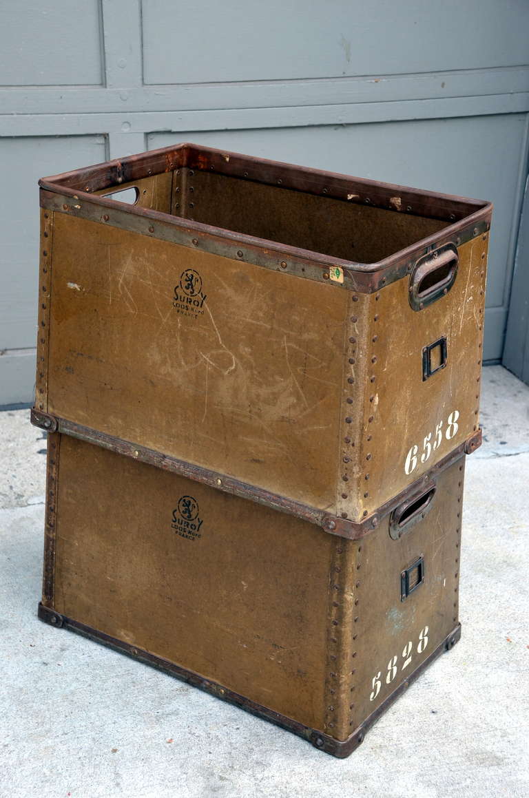 20th Century Pair Of Robust French Military Stacking Storage Boxes / Trunks