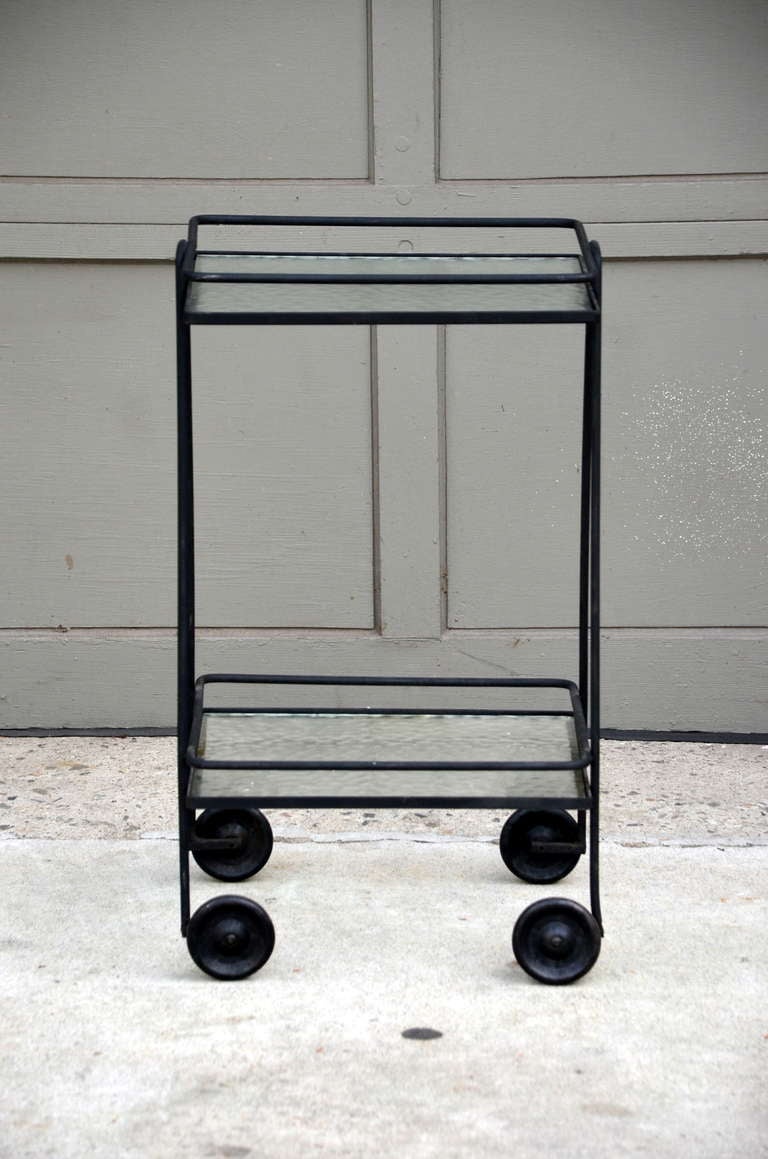 Mid-Century Modern Blackened Steel And Textured Glass Rolling Bar Cart / Side Table