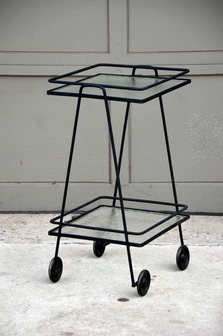 American Blackened Steel And Textured Glass Rolling Bar Cart / Side Table