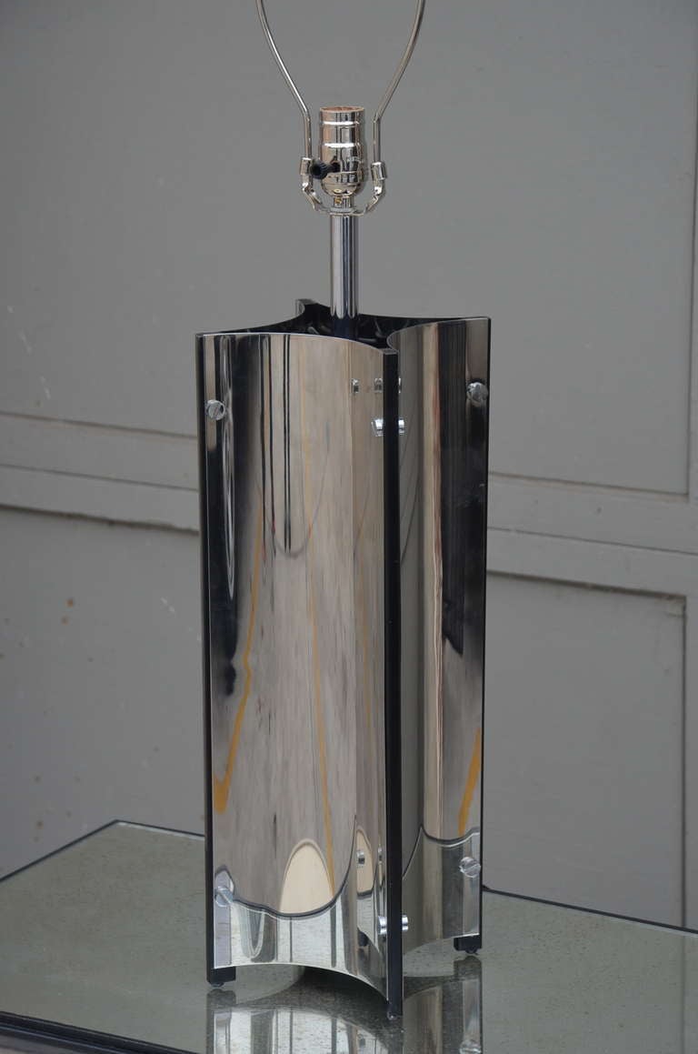 International Style Chic Italian 70's Chrome Lamp with Custom Drum Shade by Gaetano Sciolari