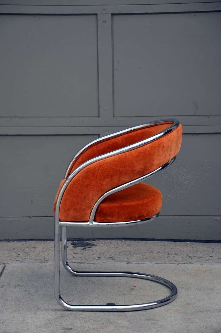 Modern Unique 70's Orange Velvet And Chrome Armchair
