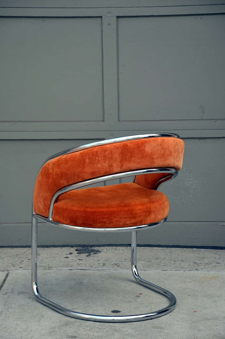 Unique 70's Orange Velvet And Chrome Armchair In Good Condition In Los Angeles, CA