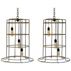 Pair of Large Industrial Cage Lights with Edison Bulbs