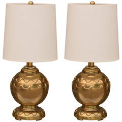 Pair of Round Brass Table Lamps with Custom Shades